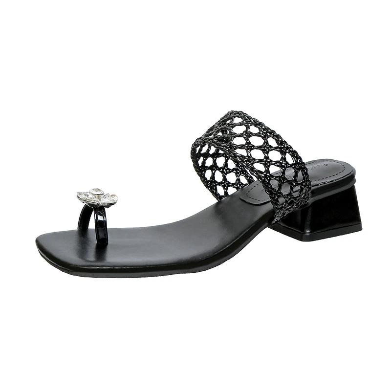 Fashion 2025 Summer Hot Sale Square-Toe Mid-Heel Thong Sandals Rhinestone Hollow Weave Dressy Outdoor Women's Classics Fashion Slippers