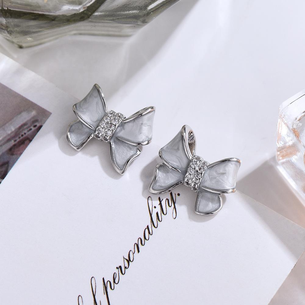 Japanese and Korean Ins Simple Bow Inlaid with Zircon Three-piece Set Ring Stud Earrings Pendant Necklace