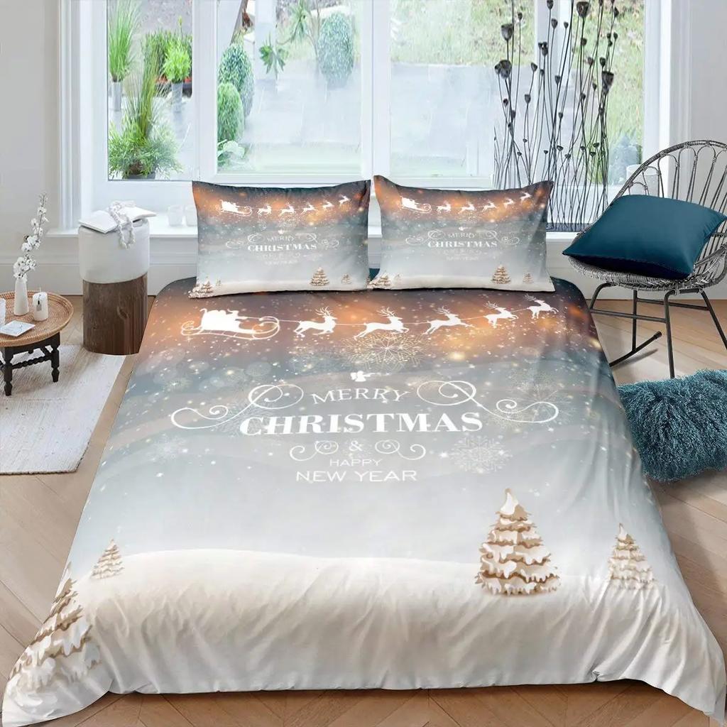 Christmas Tree Duvet Cover Set Blue Xmas Comforter Cover Girly Glitter Elk Bedding Sets Winter Snowflakes Duvet Cover Full Size