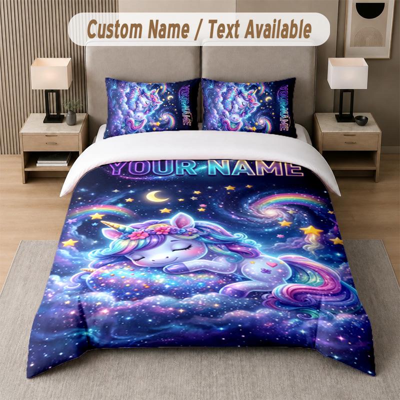 Unicorn Theme Custom Text Or Name 3Pcs Bedding Set 1 Flat Sheet & 2 Pillowcases Personalized Home Bedding