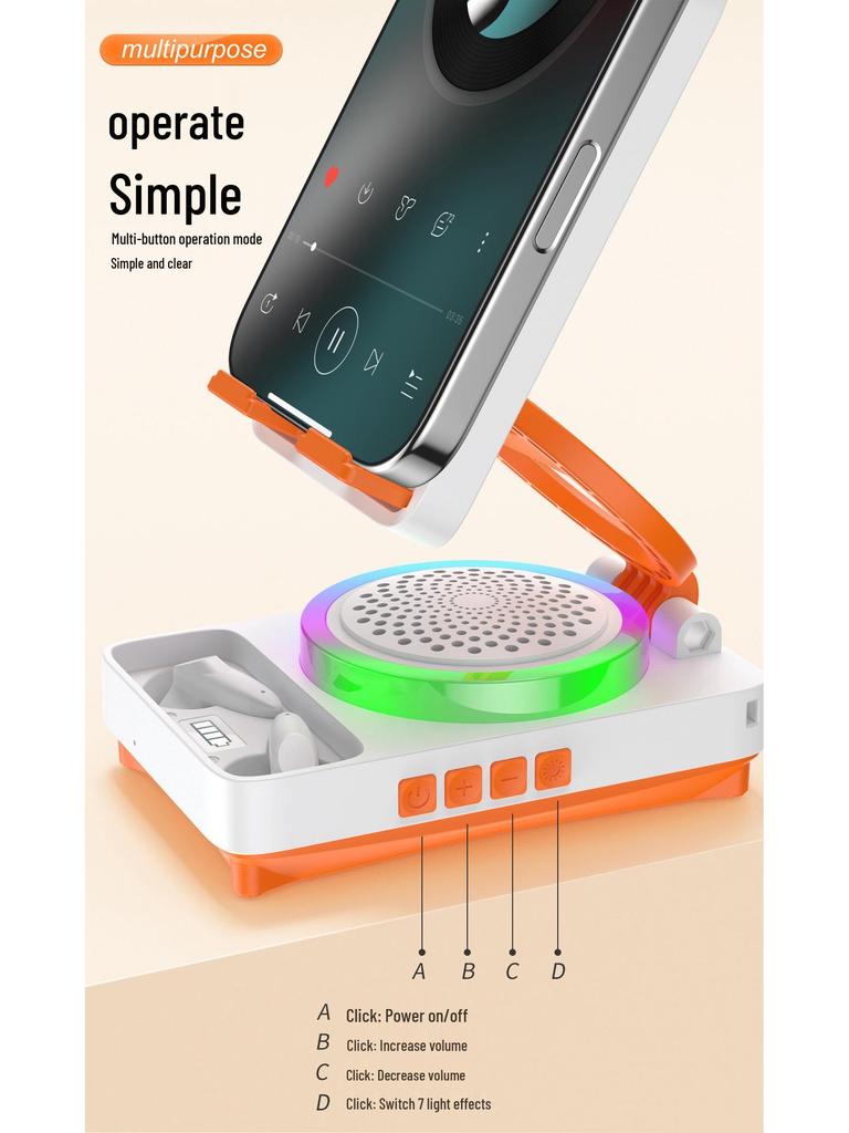 Three-in-One Multi-Function Set: Bluetooth Speaker, Headphones, Mobile Phone Stand with Atmosphere Light and HD Sound Quality