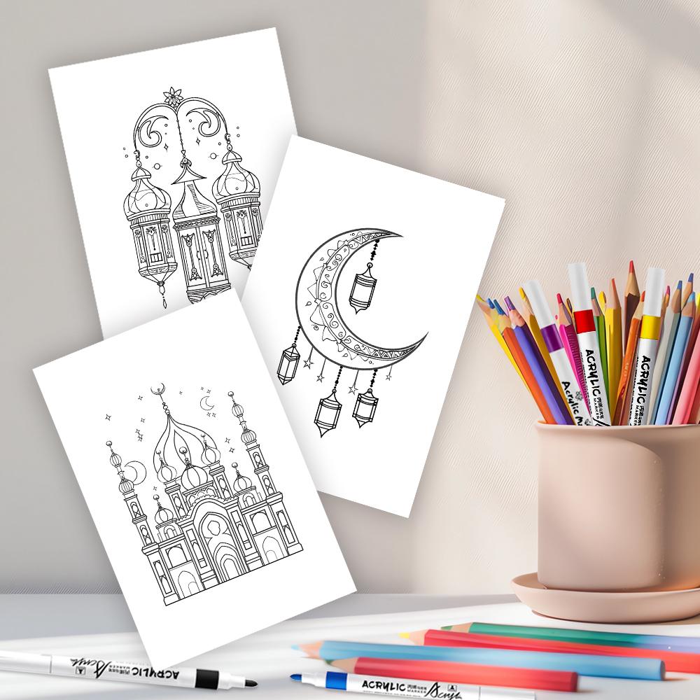 32 Stück, Eid Doodle Malvorlagen, DIY Malvorlagen, Eid Malkarten, Mond, Sterne, Laternen Familien- und Partyaktivitäten