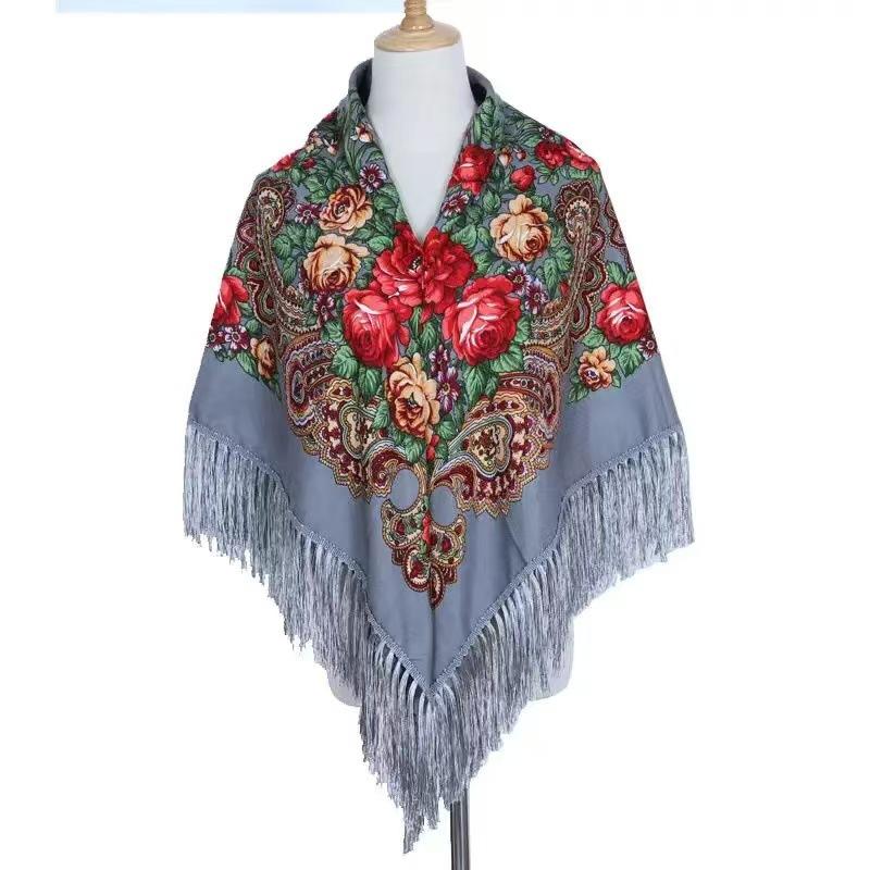 110*110Cm Russian Scarf Floral Woman'S Shawl Tassel Floral Print Hijab Headscarf Wraps Handkerchief Bandana Beach Travel Blanket