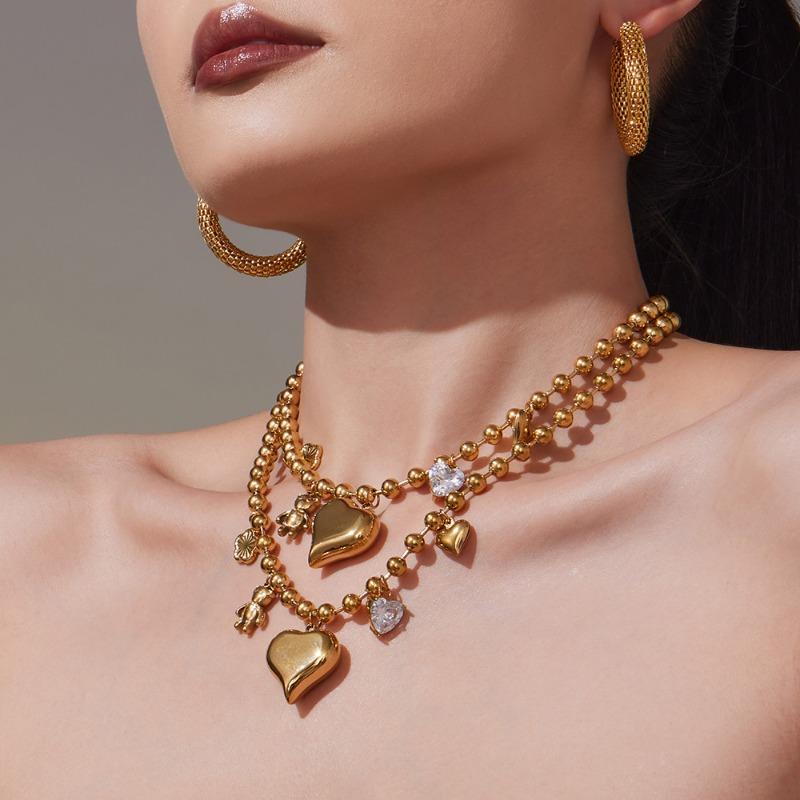Mili 5a cubic zirconia big heart bear hollow clavicle chain - 18k gold plated eco-friendly stainless steel jewelry