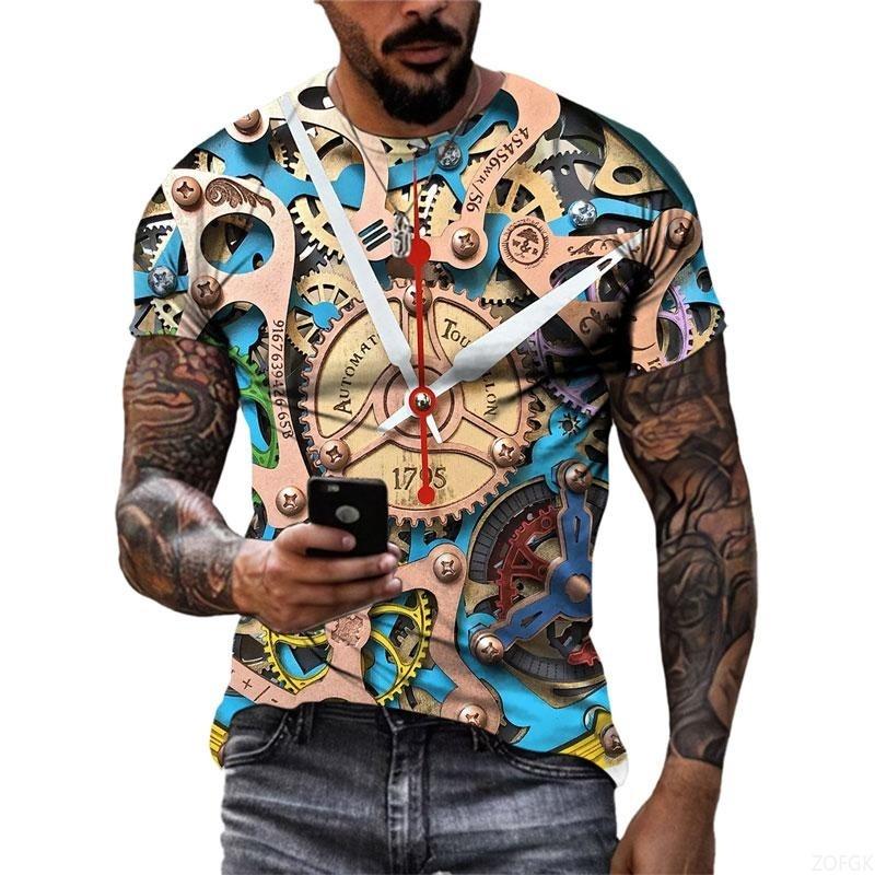 Summer Round Neck 3D Steampunk Gear Print Top Fashionable Casual Short Sleeved Men's T-shirts