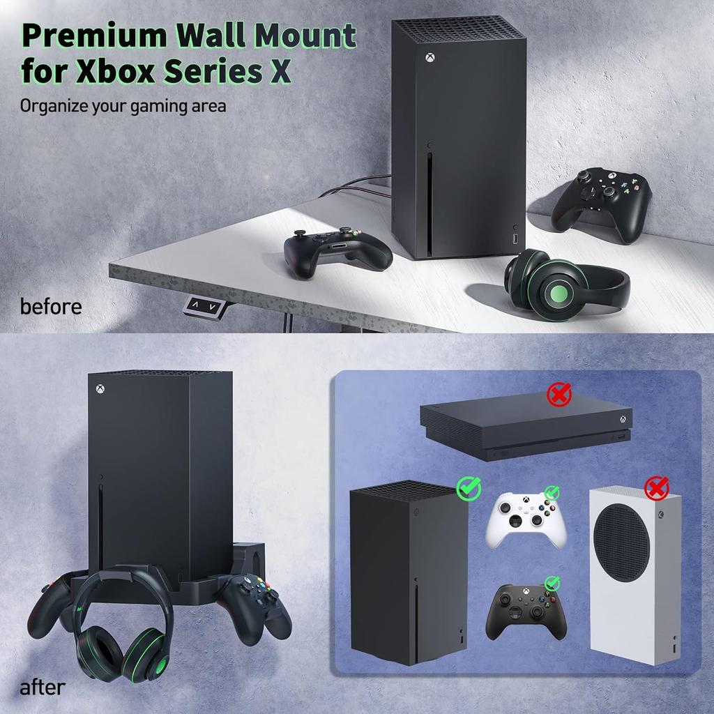Wall Mount for Xbox Series X, Wall Mount Kit for Xbox Series X with 2 Controller Holder & Headphone Hook, Integrated and Heat Ventilation Design,
