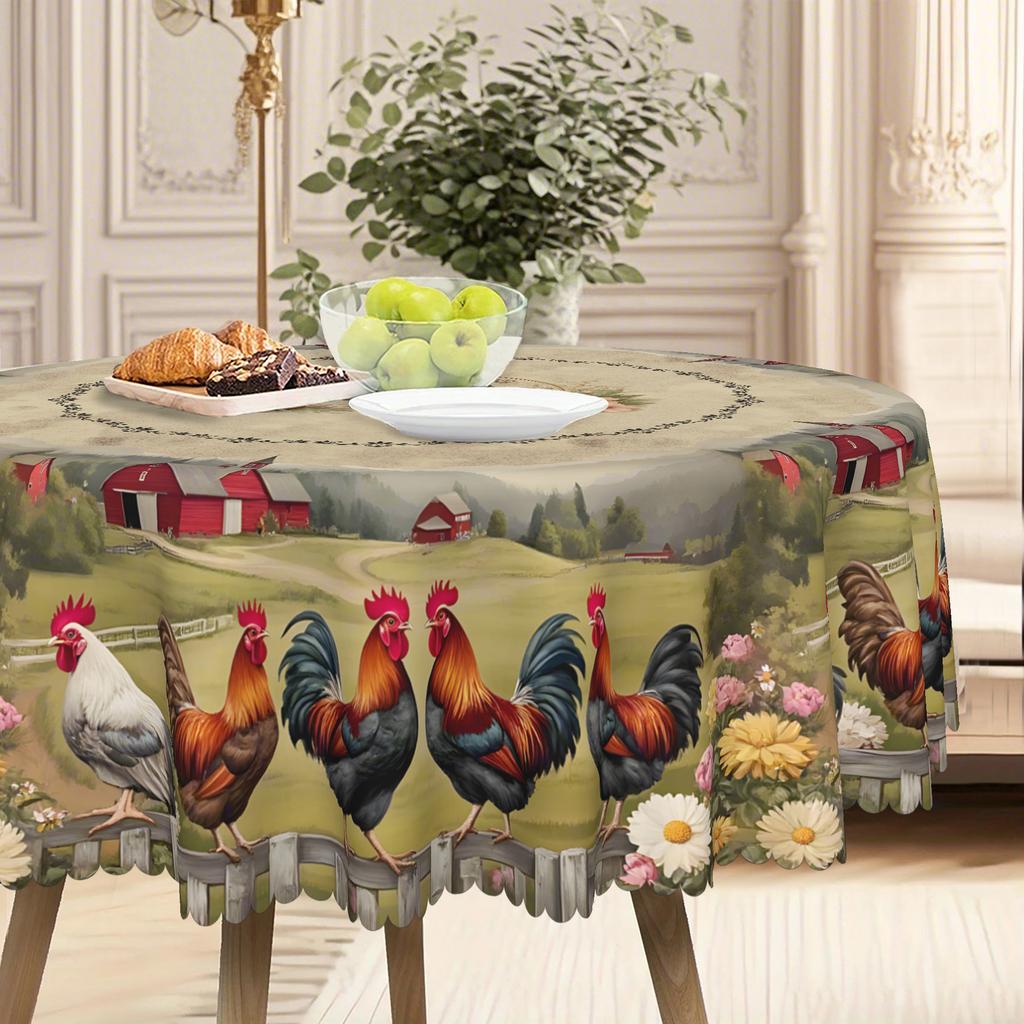 Vintage Rural Pastoral Tablecloth Egg Rooster Pastoral Print Round Rectangular Dining Table Cloth Waterproof Household Dining Table Cloth