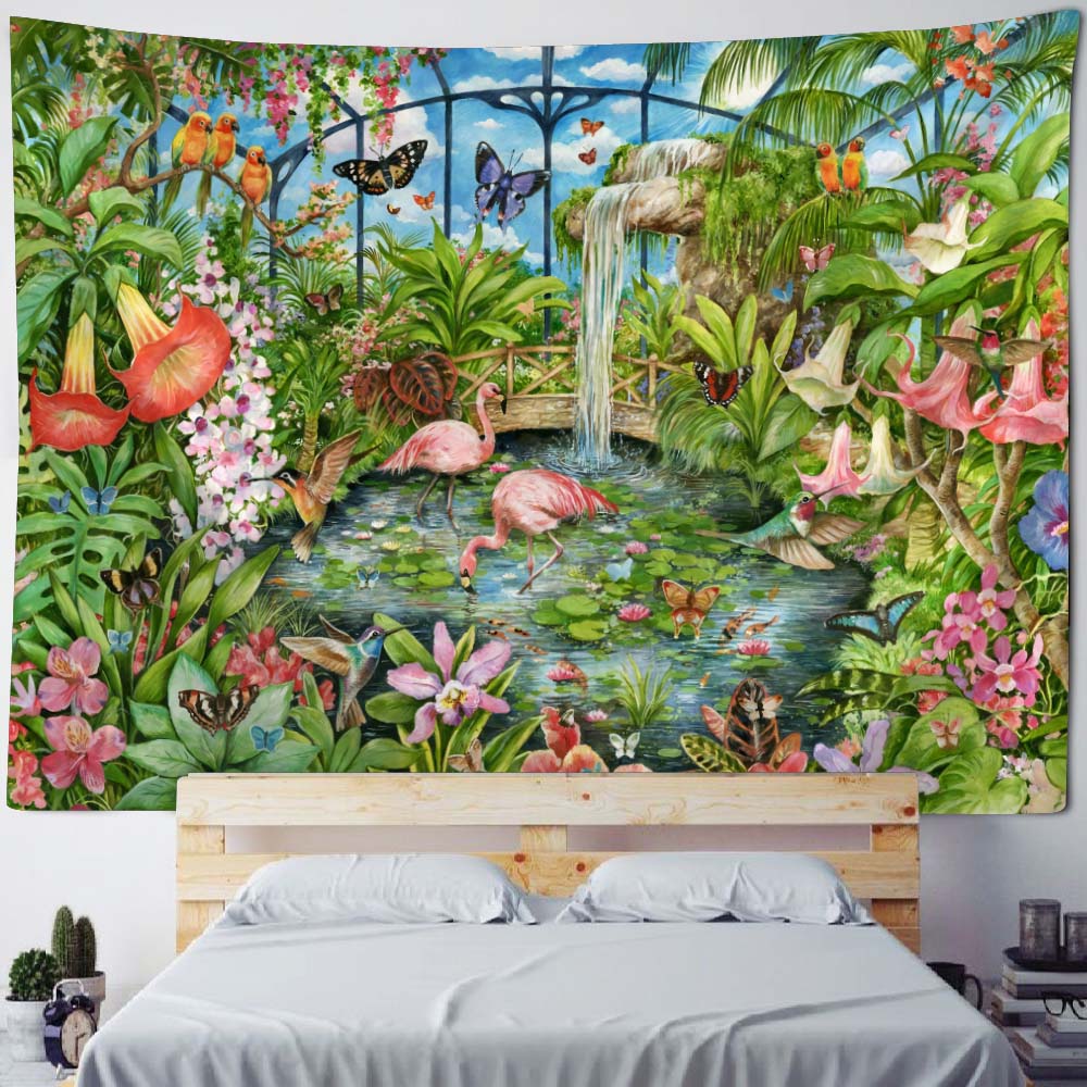 Bohemian Tropical Plant Flamingo Tapestry Wall Hanging Aesthetic Art Decor Blanket Home Background Bed Sheet Fabric