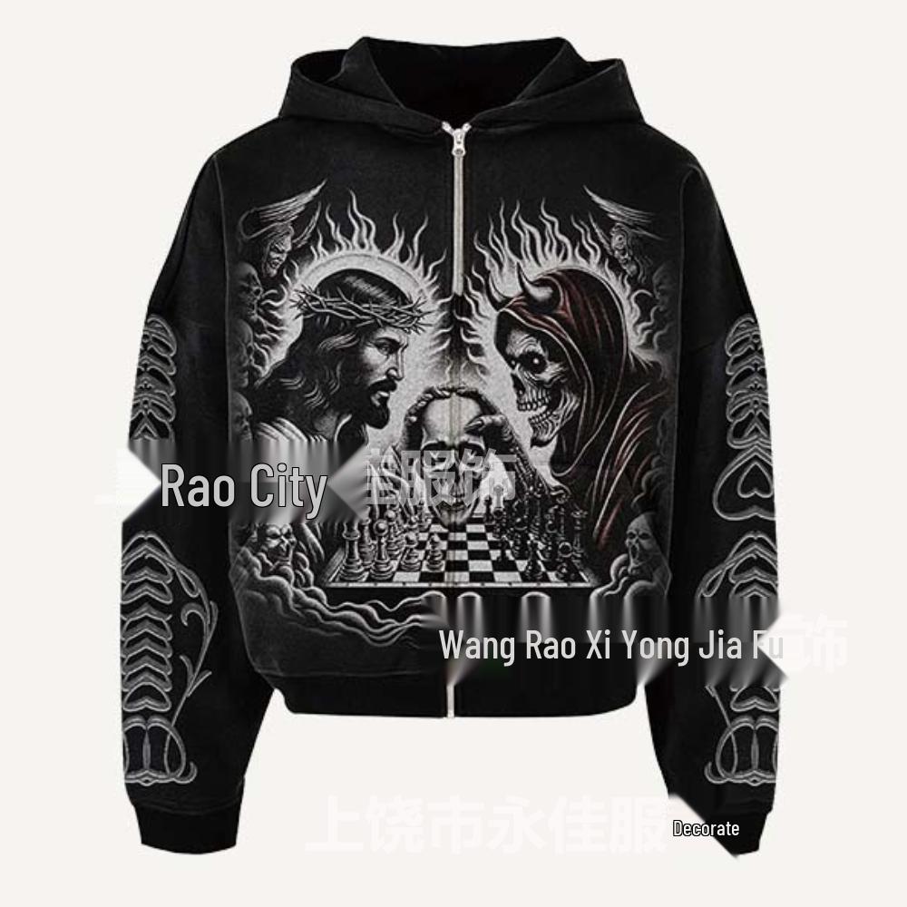 Gotischer Totenkopf Reißverschluss Hoodie - Unisex Digitaldruck für Herbst/Winter