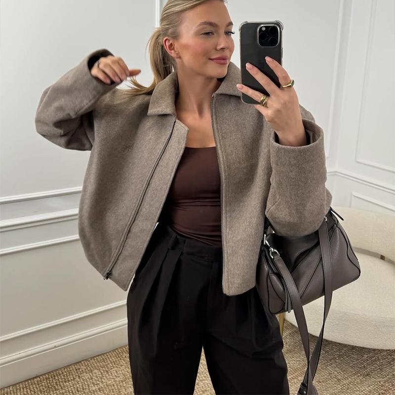 Lapel Faux Woolen Short Coat Women's Long Sleeved Zipper Jacket Commut Fashion Simple Versatile Solid Color Jackets 2026 New Spring