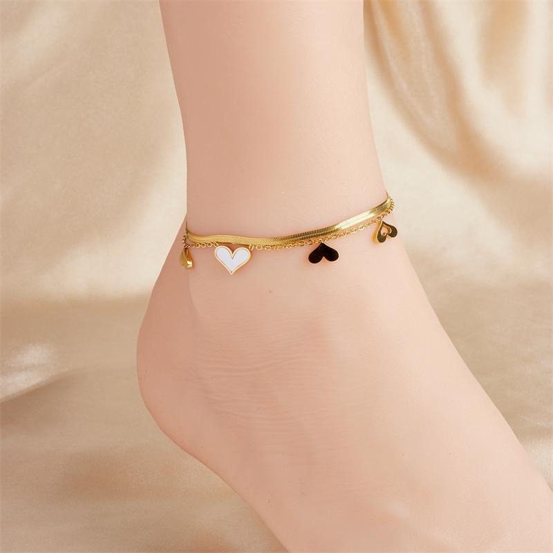Gold Plated Stainless Steel Double Layer Heart Charm Anklet