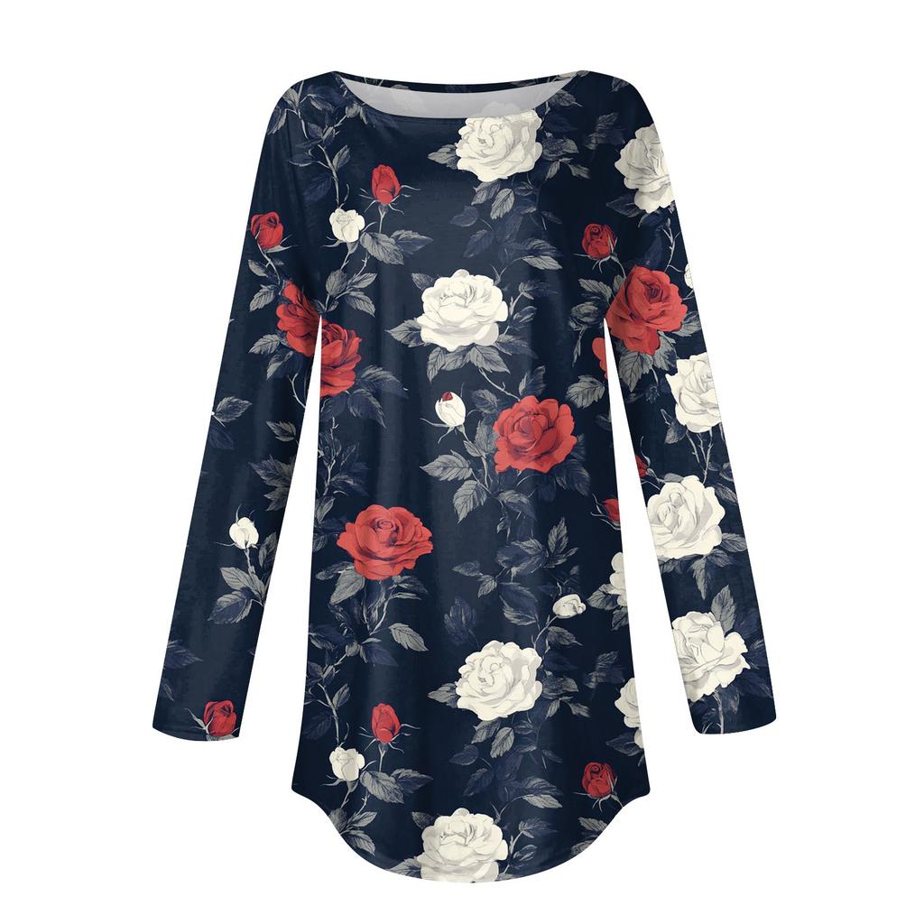 Women's Loose Casual Flower Printed Round Neck Long Sleeved T Shirt Top Pullover Long Sleeved Sweatshirt