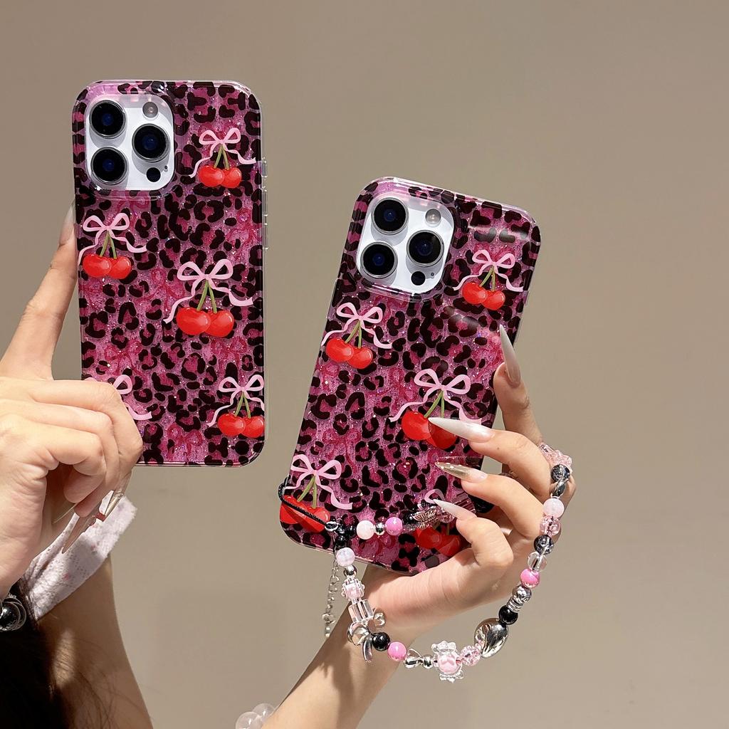 Leopard Print Cherry Mobile Phone Case for iPhone 18/17/16/15 Pro Max/13 with Chain EU/US Style Protection