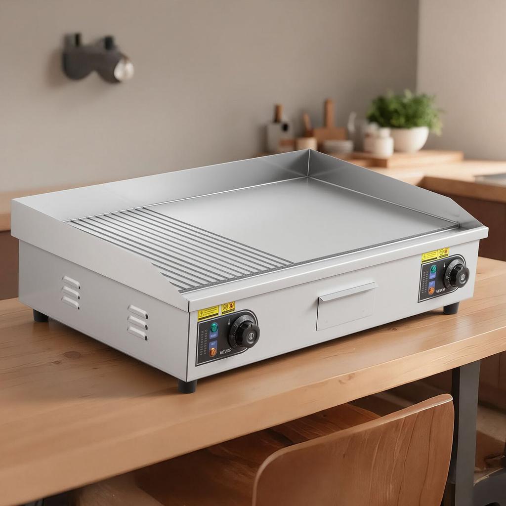Commercial Electric Griddle, 725 X 400 Mm, 4400W, 50-300°C Adjustable Temp Control, Stainless Steel Countertop, Half Grooved Half Flat, with 2
