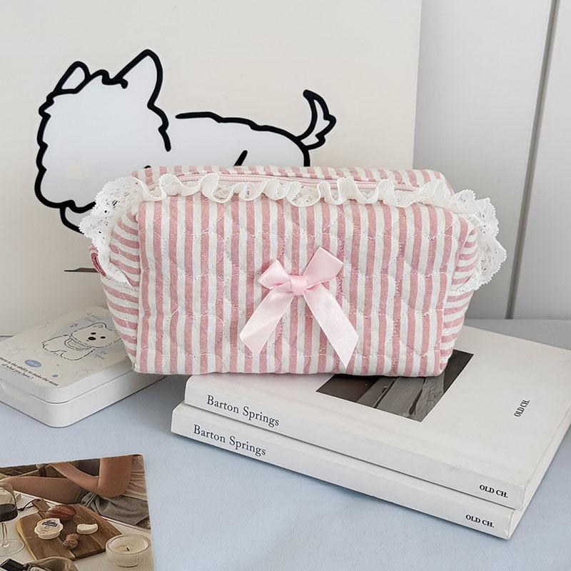 Cute Pink Striped Lace Makeup Pouch Aesthetic Ins Style Makeup Bag for Girls Teens Cosmetic Organizer Kawaii Pencil Case