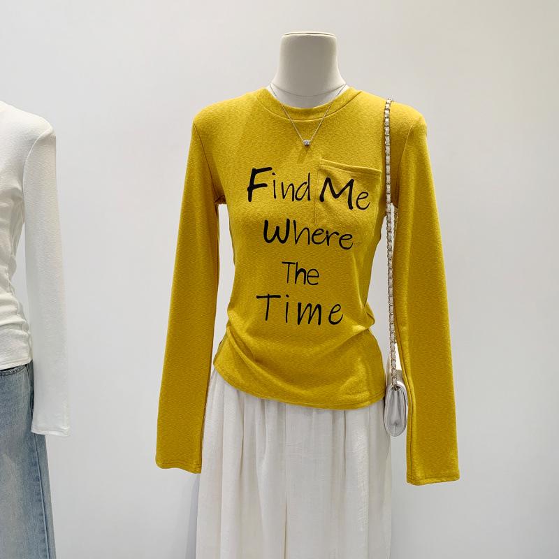 Dopamine Ginger Yellow Women s Round Neck Base Layer T-shirt - Winter 2025 New Letter Print Design Small жёлтый/имбирный