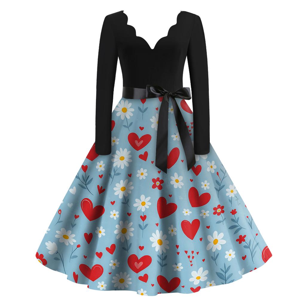 Damen Casual Mode Valentinstag Bedrucktes V-Ausschnitt Retro Langarmkleid