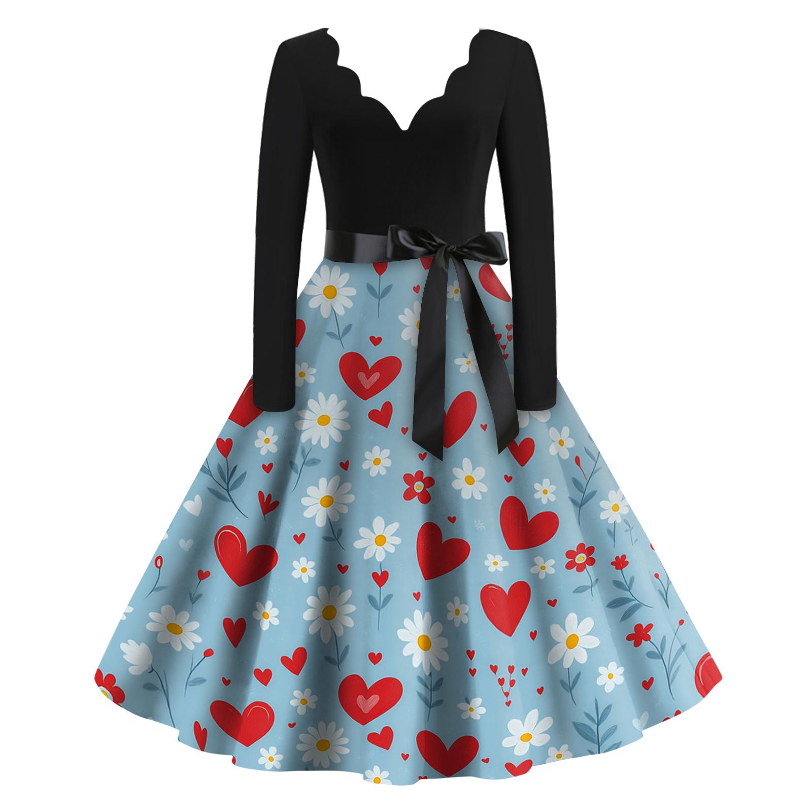 

Жіноча повсякденна модна сукня з принтом до Дня святого Валентина, ретро, з V-подібним вирізом, з довгим рукавом S небо синє кольору