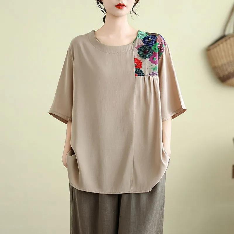 Spliced Printed Short-sleeved T-shirt Summer Women's New Style Casual Loose Top