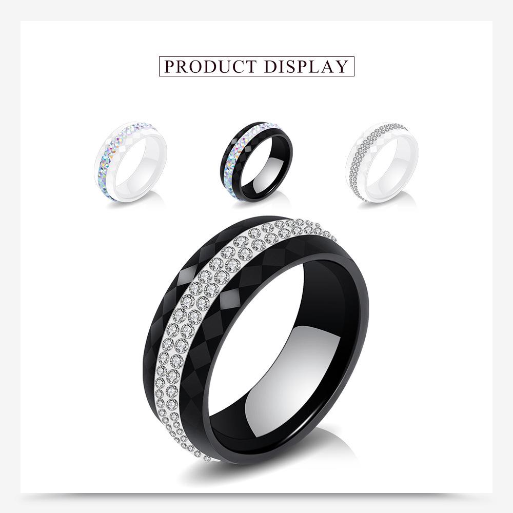 8MM Black and White Ceramic Ring with Dual Row Inlaid Diamonds for Women