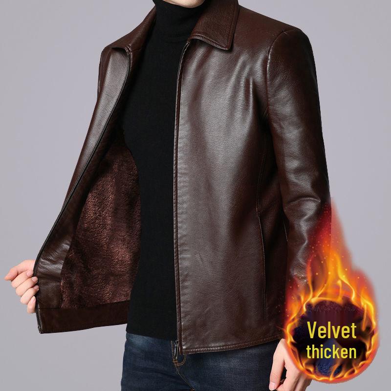 2024 Men's Fleece-Lined & Thin Style Winter Leather Jacket for Middle-Aged and Elderly