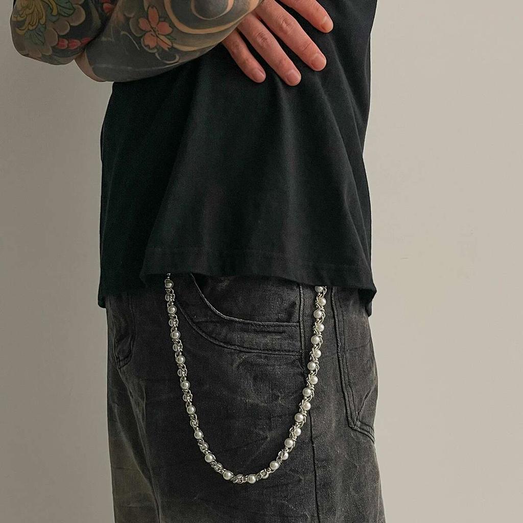 SHIXIN Hip Hop Imitation Pearl Bag Chain Waist Chain Punk Metal Pants Chain For Men Versatile Jeans Accessories Keychain Jewelry