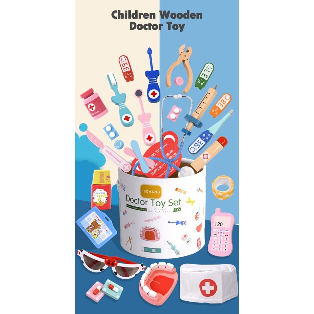 Wooden Pretend Play Doctor Set Educational Toys for Kids Simulation Medicine Chest Kit Dentist Nurse Games Medical Toys for Girl