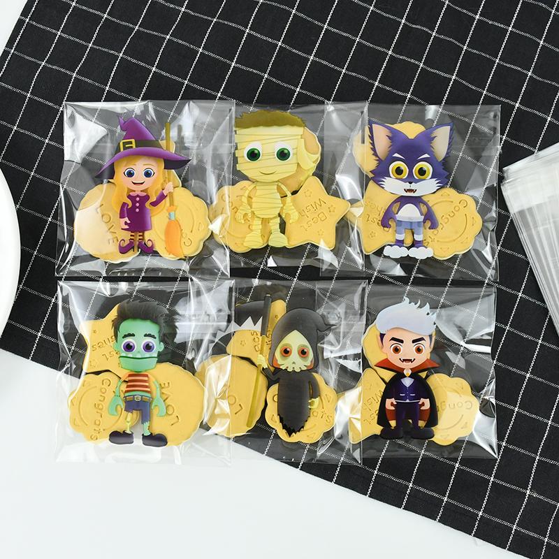 100pcs Halloween Plastic Happy Halloween Transparent Pumpkin Ghost Candy Self-adhesive Plastic Baking Cookie