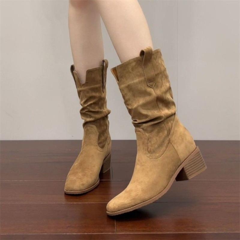 Retro inner heightening thick heel soft surface Martin boots autumn new khaki stacking boots cowboy boots women