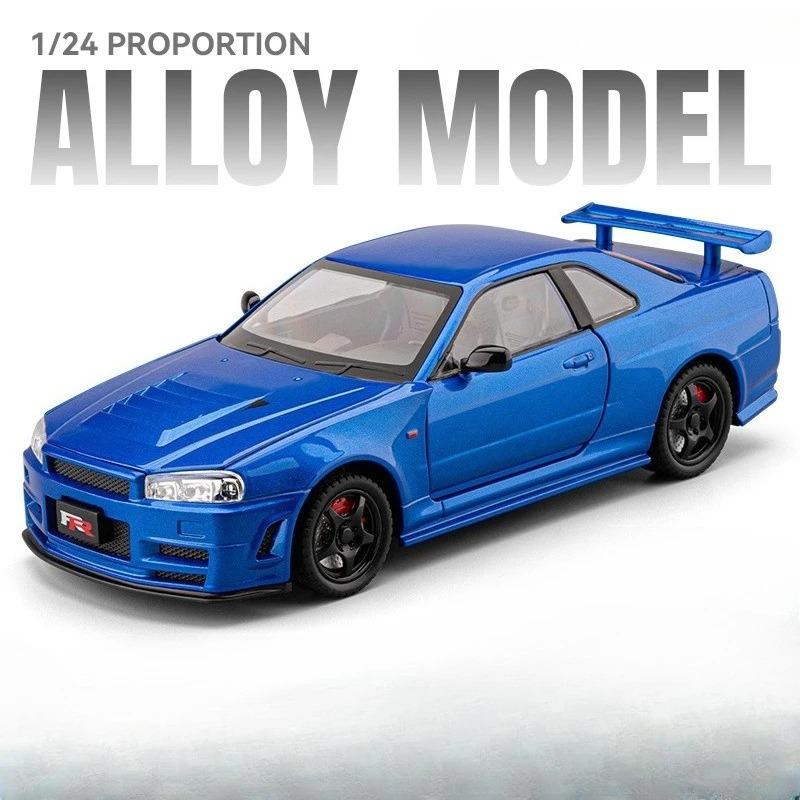 1/24 Skyline GTR R34 Static Diecast Car Sound Light Pull Back Detailed Rubber Tires Desktop Hobby Collectible Boys Gift