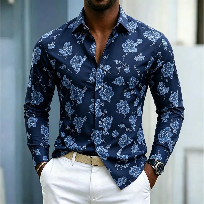 Camicia da uomo con stampa di rose blu europee e americane, camicia a maniche lunghe, sfondo bianco, fiore di rosa, slim, casual, taglie XS-6XL