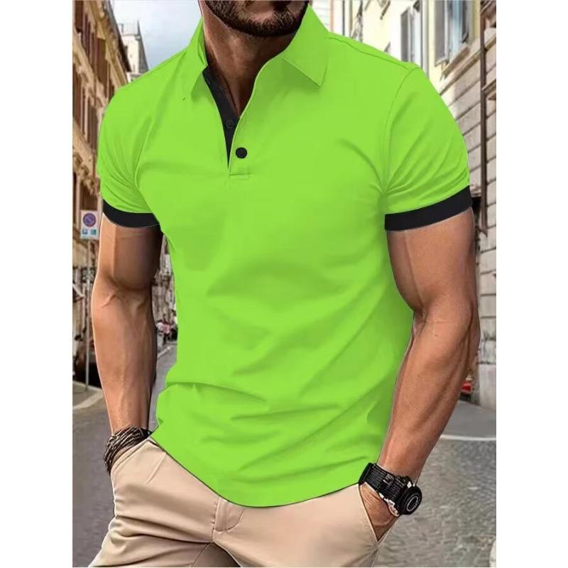 Men's Short Sleeve Color Matching Fashion with Men's Lapel Short Sleeve