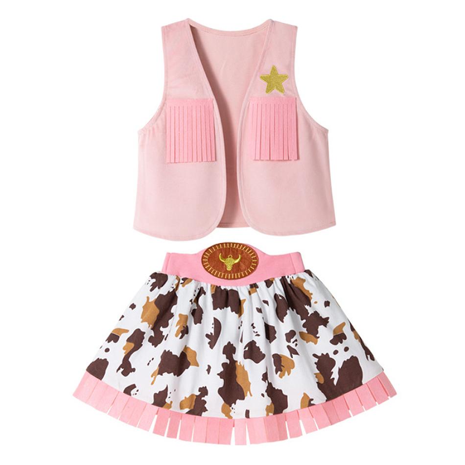 Set da Cowboy Cosplay per Bambine, Performance, Bambini, Gilet Rosa, Gonna, Sciarpa, Cappello Pieghevole, Completo, Bambino Piccolo, 4 Pezzi, Abbigliamento per Halloween, Carnevale