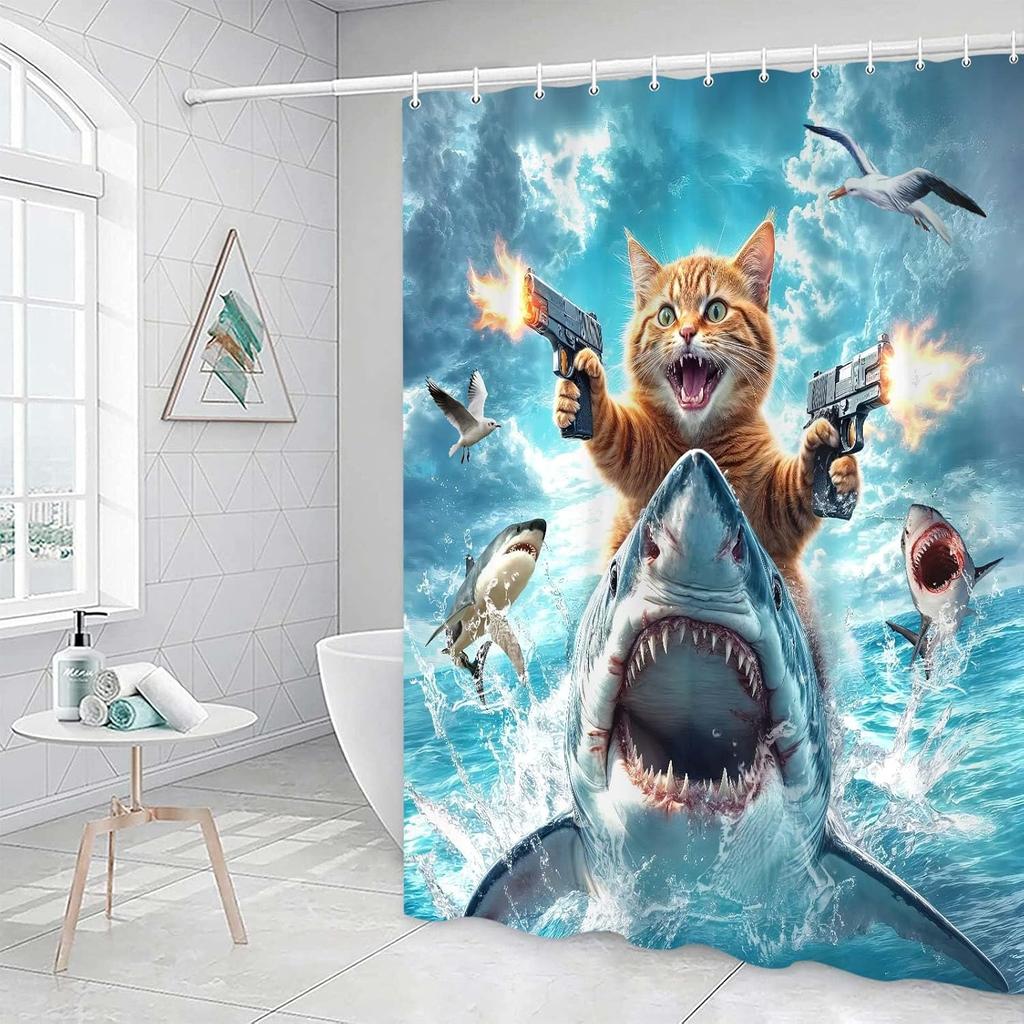 Lustiges Katzen-Duschvorhang-Set, Niedliche Katze reitet Dinosaurier-Thema Ozean-Vorhänge für das Badezimmer, Lustige maritime Kinderdekoration, Polyestergewebe