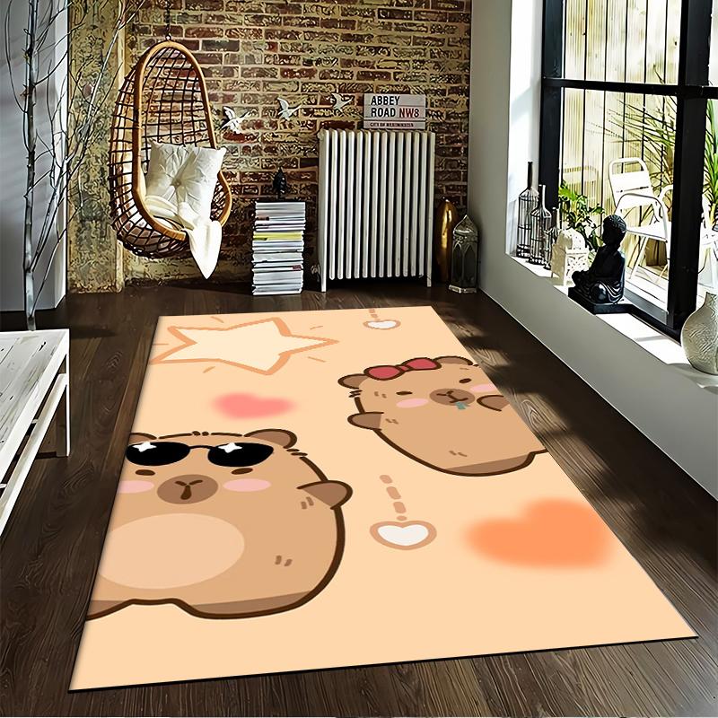 Cute Cartoon Carpet with Bear Couple, Peach Background, Star Design Suitable for use as an anti-slip for living room bedroom sofas
