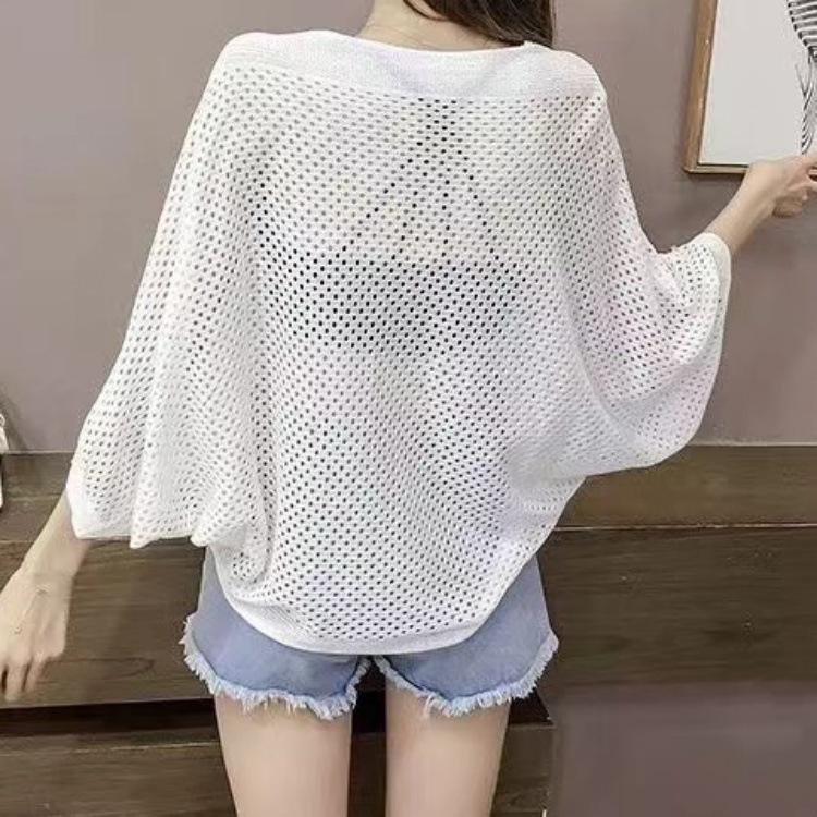 Summer V-neck seven-point bat-sleeved hollow blouse women's TK popular loose and thin outer top knitted sweater