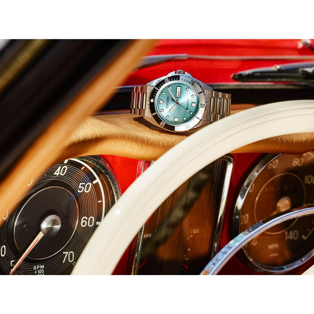 Citizen Automatic Stainless Steel Analog Watch with Light Blue Black and Silver Three Silver Band Men's Dial, Bezel, Hands, Day/Date (Model