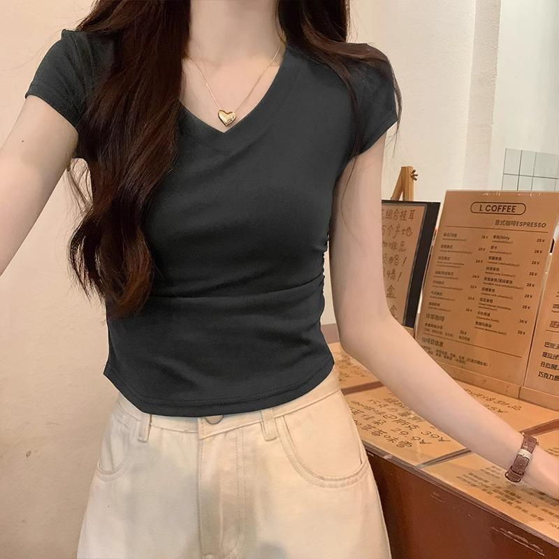 

Summer light blue pleated waist front shoulder short-sleeved women s T-shirt Xiaofei sleeve v-neck revealing collarbone sexy top XL темно-сірий