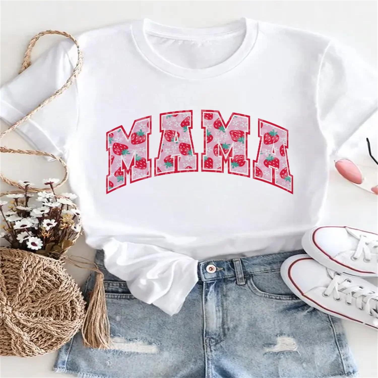 Basic T-Shirt Pattern Strawberry Printed Letter Mama Cute Fashion O-Neck Printed Short Sleeve Casual Cartoon Women s T-Shirt S