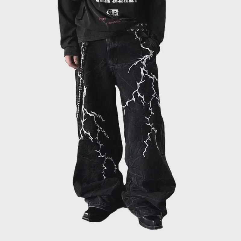 Unisex Washed Retro Lightning Embroidered Jeans - Loose Straight Hip Hop Style