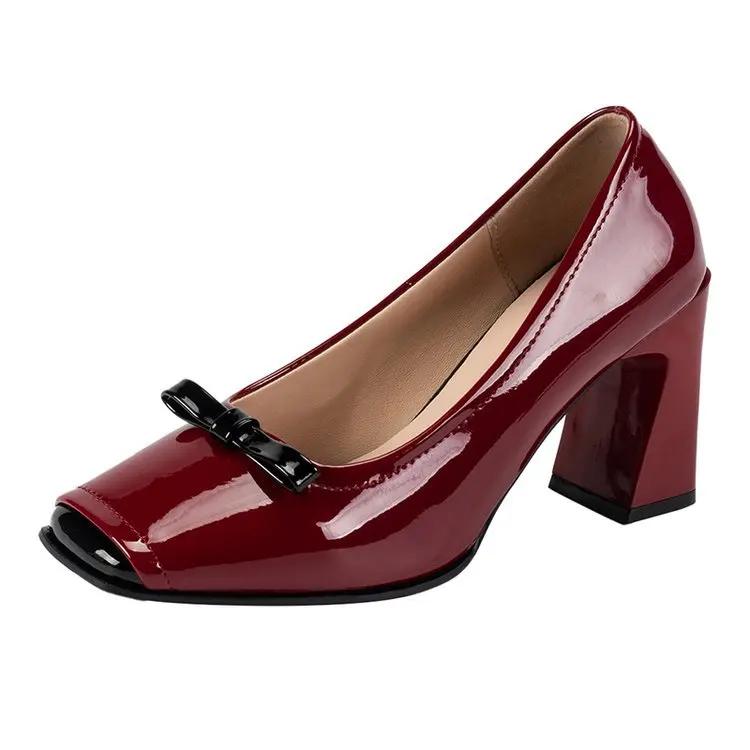 Mode 2025 Neue Mode Frühling Herbst Kleid Schuhe Klobiger Blockabsatz Quadratische Zehenpartie PU Leder Rot Mode Schleife Party Büro Damen Pumps
