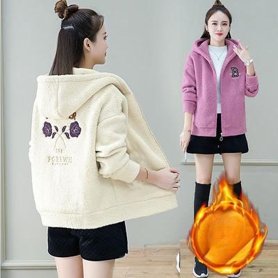 Imitate Lamb Velvet Miss Thicken Keep Warm Hoodie Winter New Loose Female Outerwear Hooded Printing Add Velvet Ladies Jacket