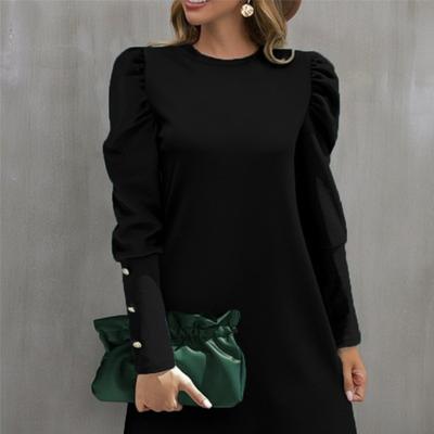 Herbst und Winter neues Rundhals Puffärmel Knopf Langarmkleid, modischer und vielseitiger Temperament Damen Pendlerrock