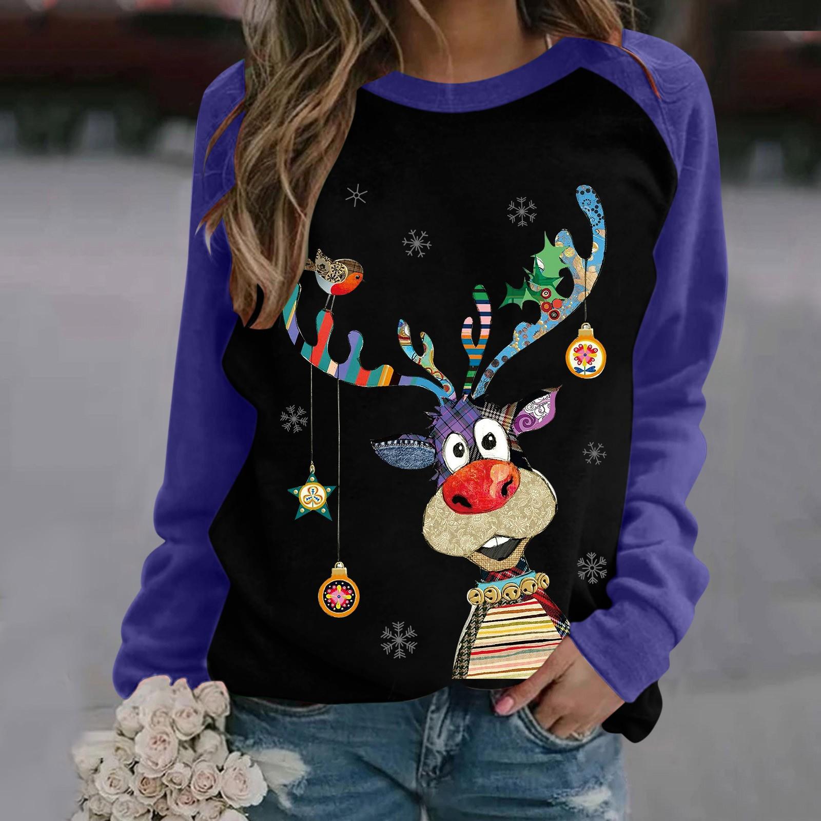 

Женская мода, повседневный пуловер с длинным рукавом с рождественским принтом и круглым вырезом, кофта, топ, блузка