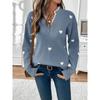 Women V Neck Heart Pattern Pullover Knit Sweater Autumn Casual