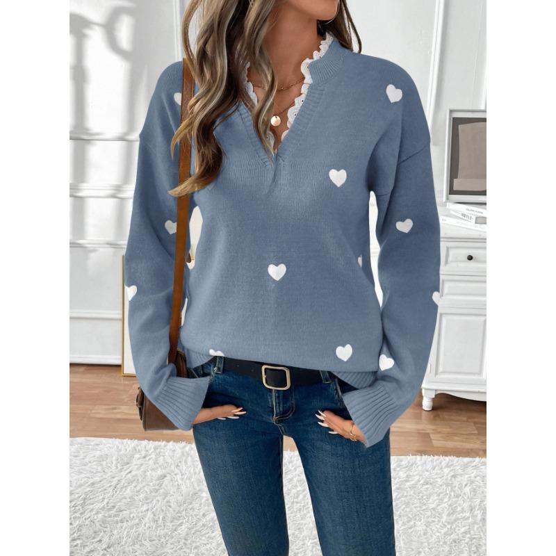 Women V Neck Heart Pattern Pullover Knit Sweater Autumn Casual