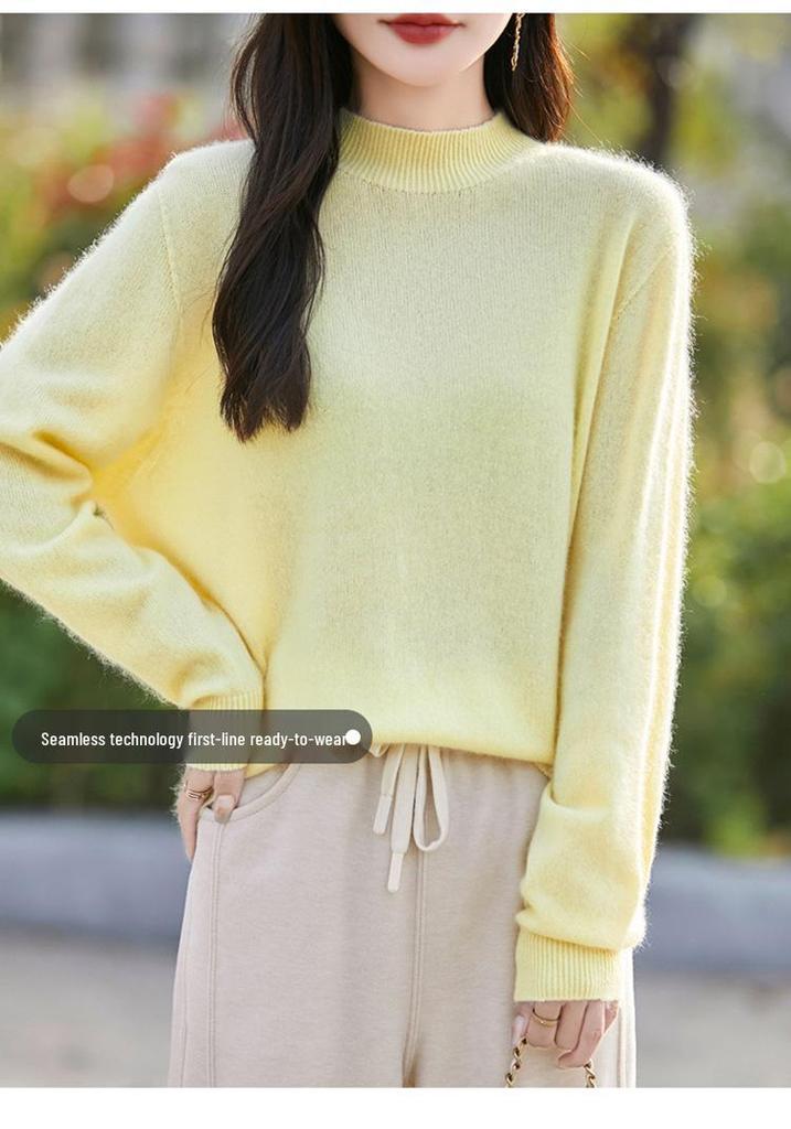 Women's Cream Yellow Wool Brushed Pullover Sweater, Half-High Neck Loose Knitwear Base Layer Top