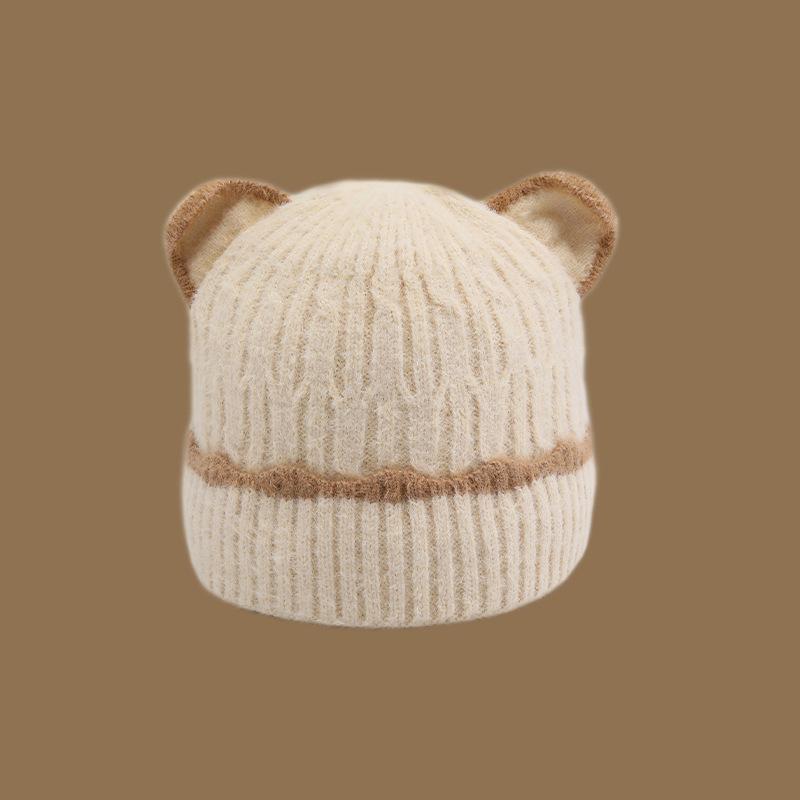 Winter Cute Cartoon Plush Hat with Large Brim for Women Japanese Style Warm and Thickened Ear Protection Knitted Hat with Bear Ears
