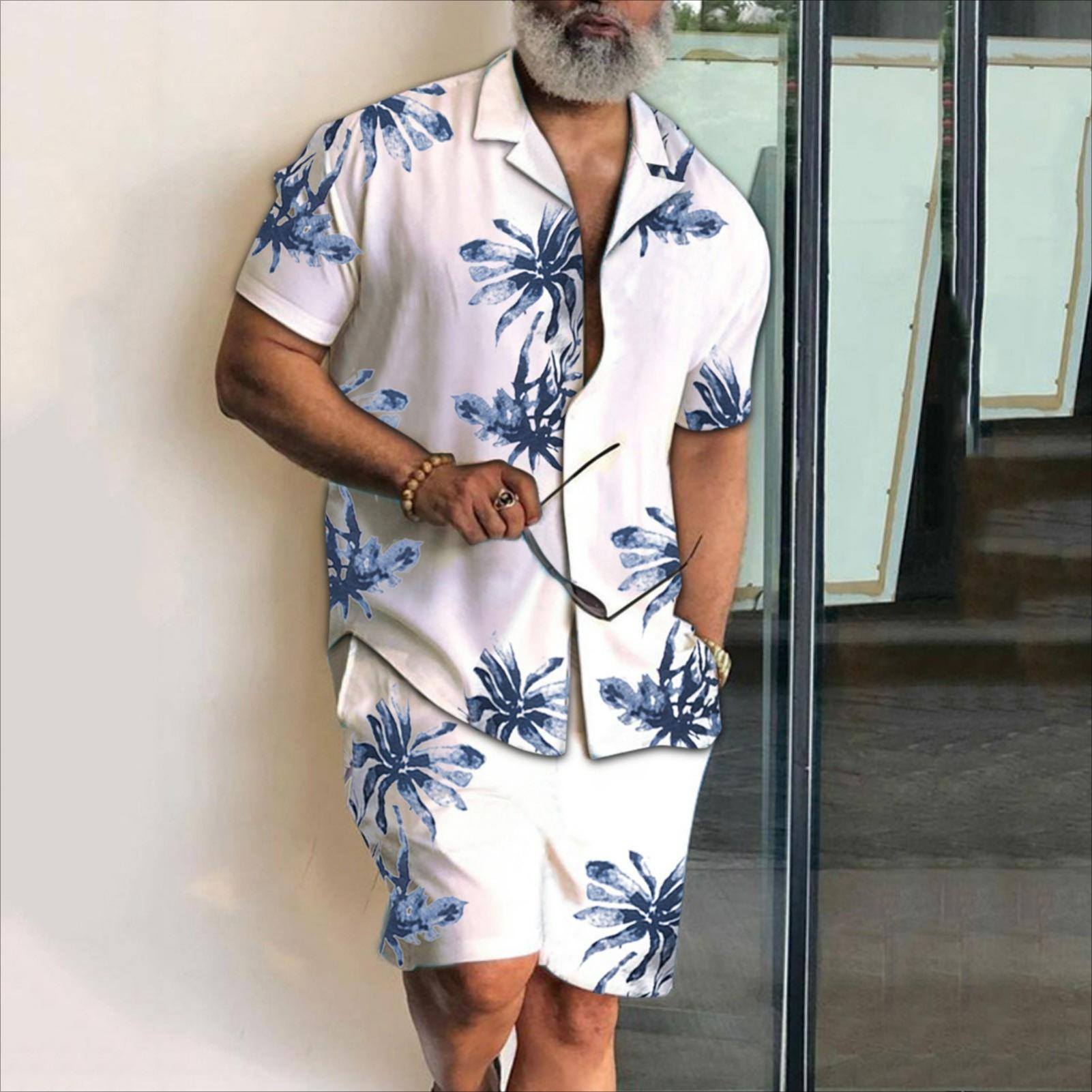 

Men s Short-sleeved Suit Summer Leisure Sports Fried Street Trend Cool Shorts Two-piece Suit 6XL
