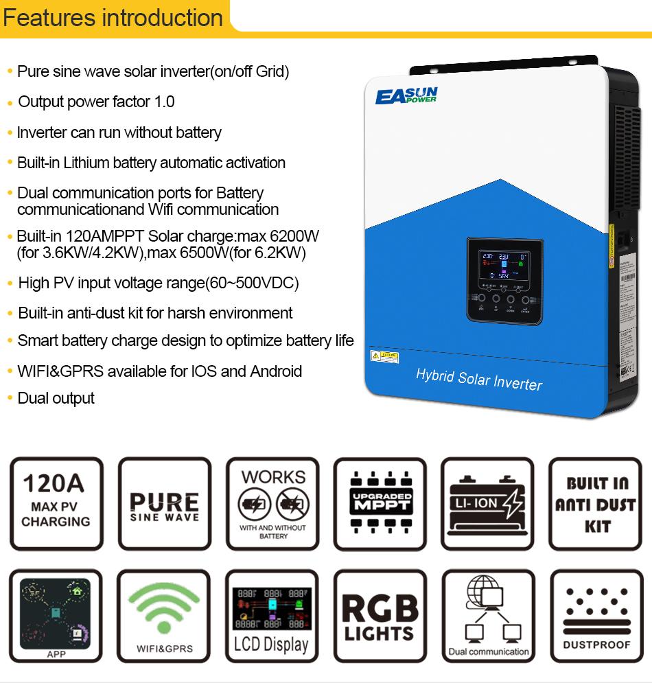 EASUN POWER 6.2KW 4.2KW 3.2KW 2.2KW Hybrid Solar Inverter with WIFI MPPT 120A Charge 12V/24V/48V LiFePo4 Battery PV Output 500V